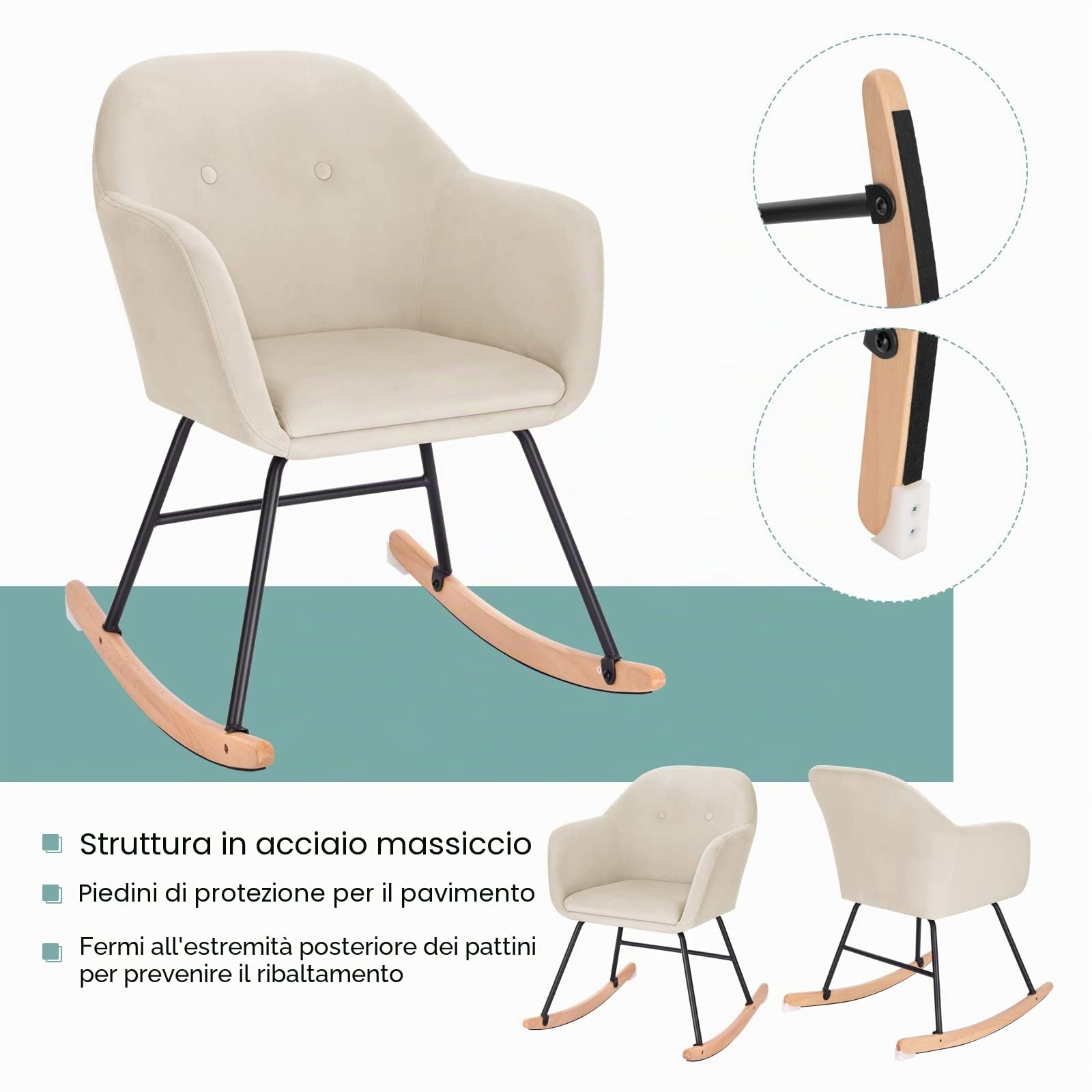 WOLTU Sedia a Dondolo per Soggiorno Poltrona Relax con Schienale Braccioli Fodera in Velluto Crema SKS16cm