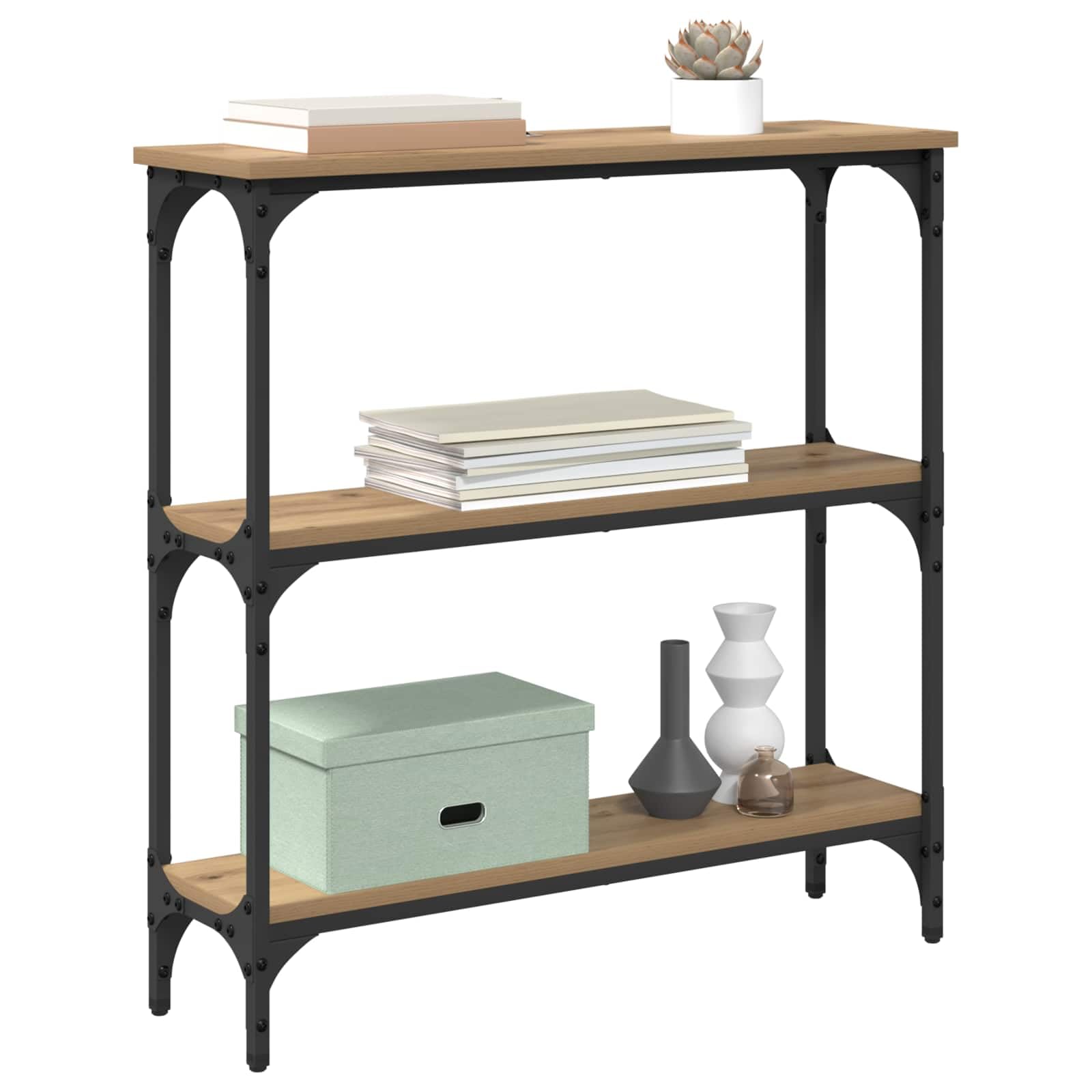 Tavolo Consolle Industriale in Legno e Metallo, 75x22,5x75 cm | Mobiletto stretto salvaspazio con 3 ripiani per corridoio e soggiorno, ideale per esporre piante e decorazioni.
