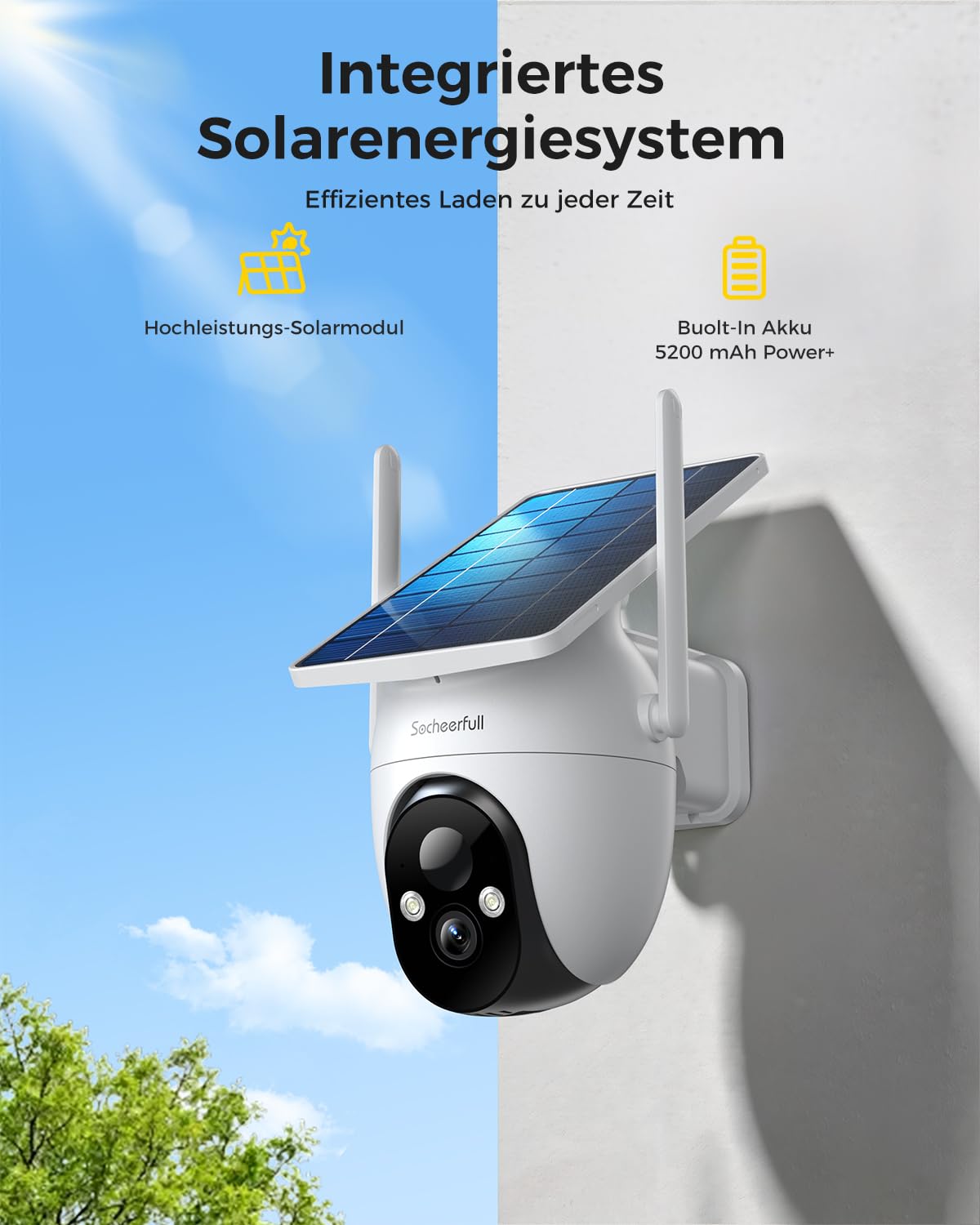 2K Überwachungskamera Aussen Solar - Akku, Kabellose 2,4GHz WLAN Kamera mit Integriertem Solarpanel, 350° Rundum-Überwachung, KI-Erkennung, Farbnachtsicht und 2-Wege-Audio,IP66 Wetterfest