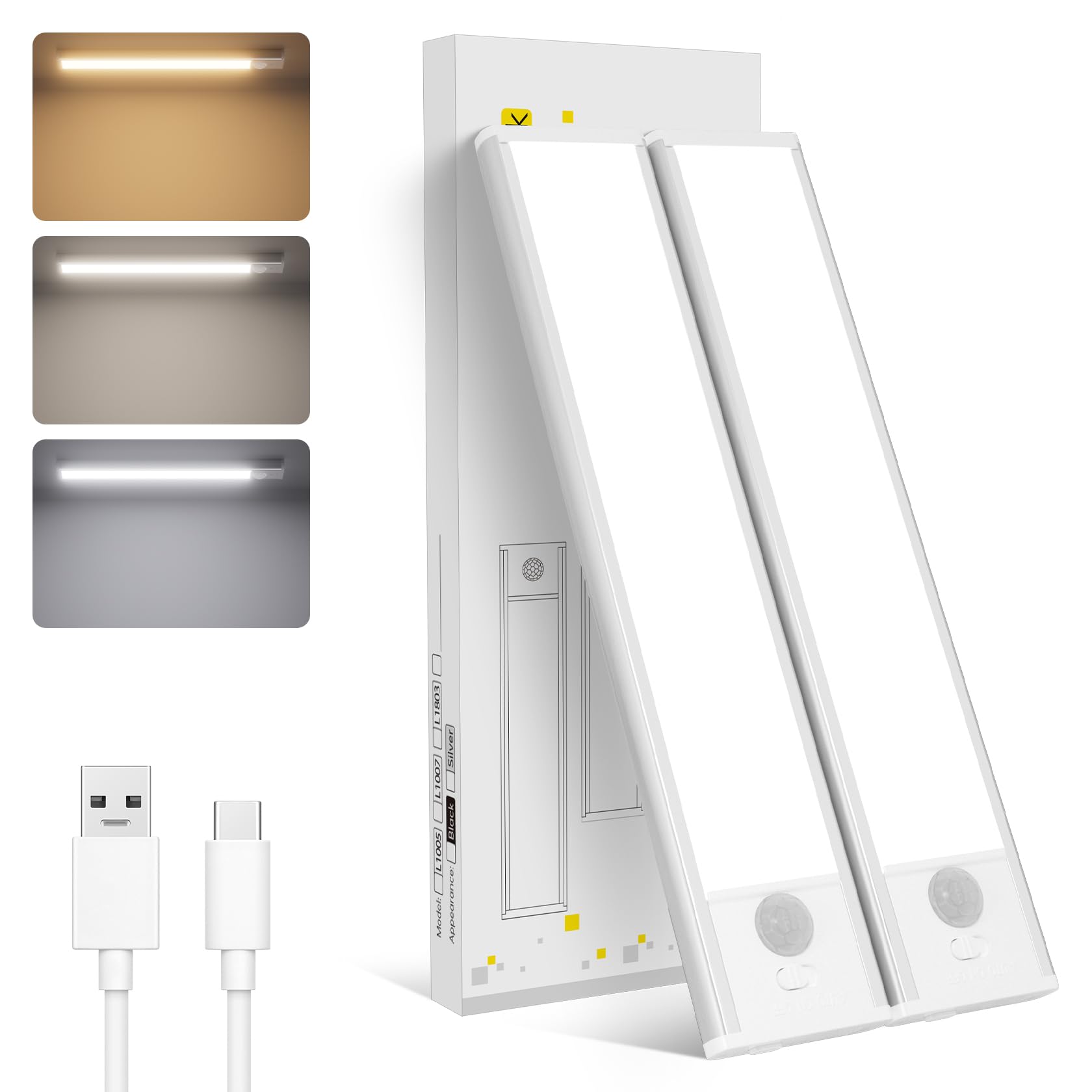 LUTW Under Cabinet Kitchen Lights, USB Wireless LED Wardrobe Lights Battery Operated, Motion Sensor Lights Indoor Rechargeable Magnetic for Cupboard Stairs Closet Shelf Drawer, 20CM, 2 Pack