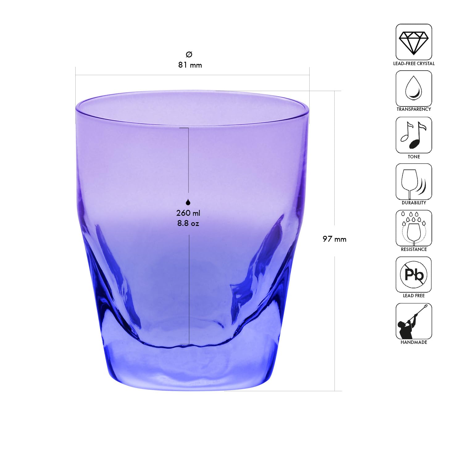 Krosno – Vasos de Whisky, Bebidas y Cócteles 260 ml – Set de 6 unidades en 6 colores únicos – Colección Aurora – Cristal sin Plomo – Pintados a Mano