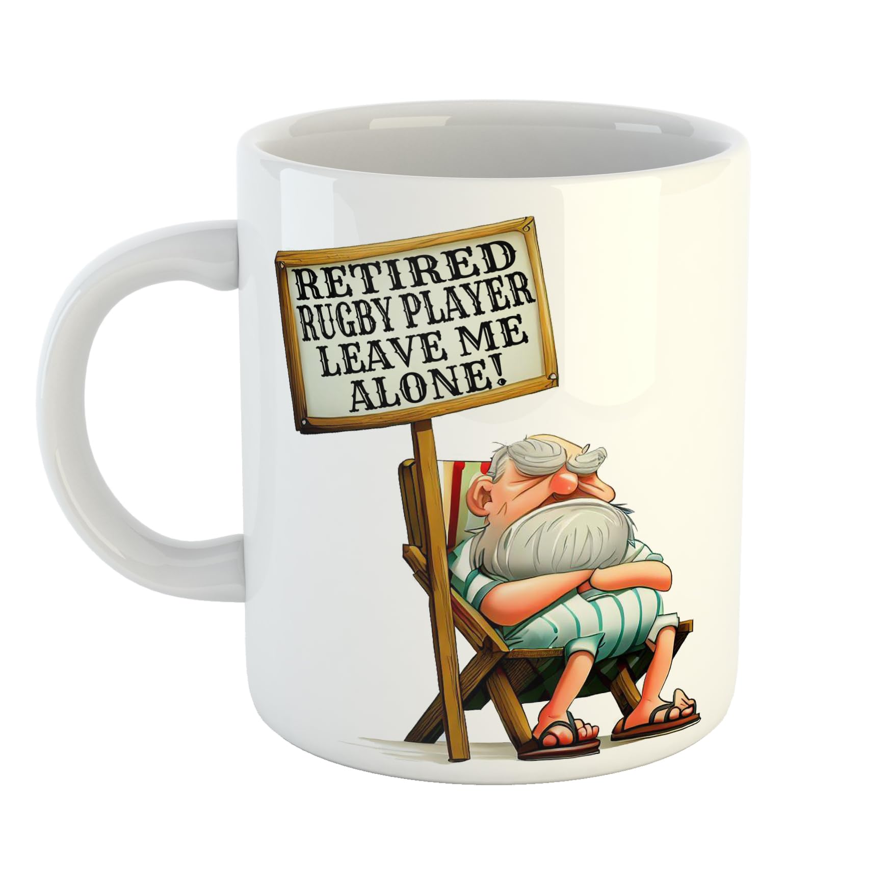 Just The Shirt Grumpy Retired Rugby Player Leave Me Alone Mug, Old Man on Deckchair Holding Sign, 11 oz Ceramic Mug