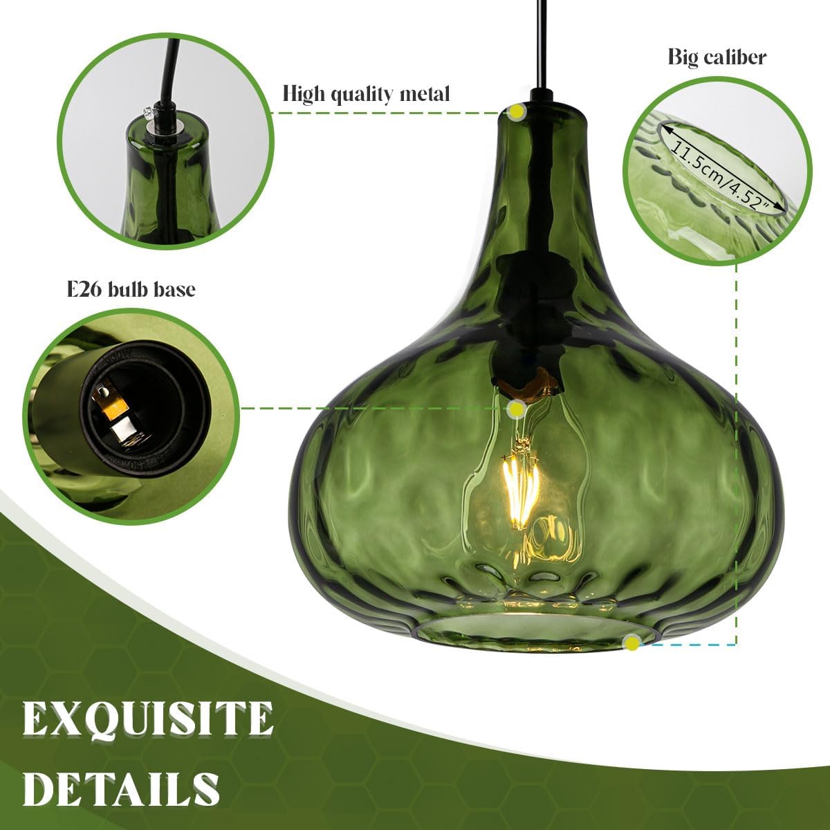 Green Glass Pendant Lighting Farmhouse Vintage Glass Globe Pendant Light Fixture, Mid-Century Modern Pendant Lamp Black Finish 9.45″ Shade for Kitchen Island Dining Room