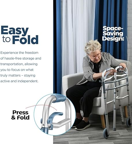 Miniatura 4 de Medical king Andadores para personas mayores de aluminio ligero con ruedas, ancho y altura ajustables, andador plegable para ancianos,