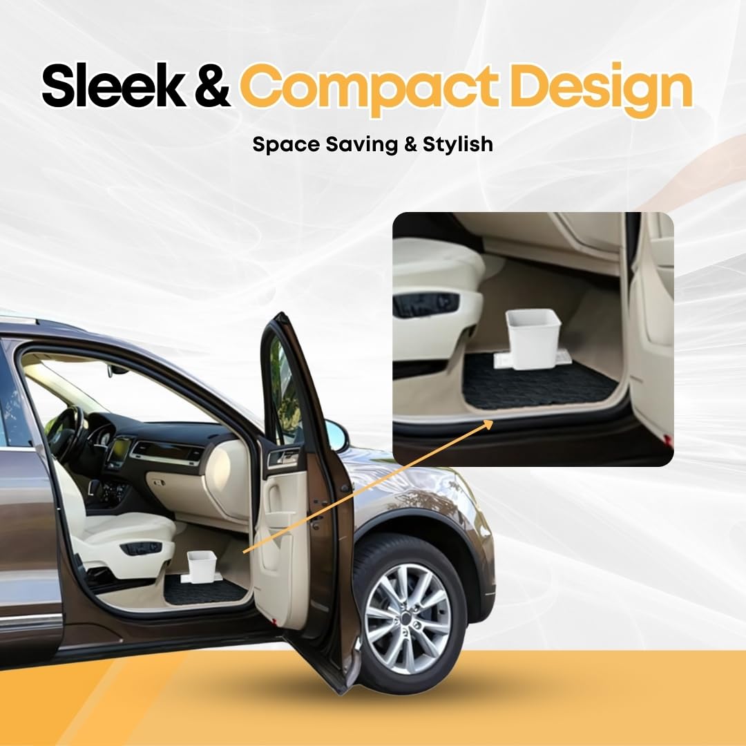 White Car Trash Can with Stability Wings | Magic Strip & Clip for Fabric & Rubber Mats – Includes 1 Box of Trash Bags Inside + 6 Extra Boxes (Total of 7 Boxes, 140 Bags) – Compact Garbage B