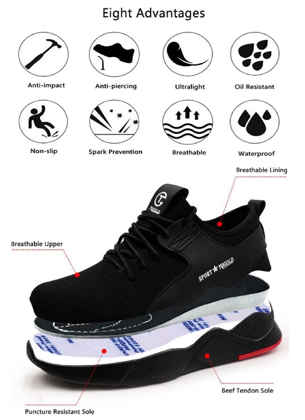 AONEGOLD Obuwie ochronne dla mężczyzn i kobiet, lekkie, oddychające, sportowe, antypoślizgowe, stalowe noski, Czarny 8186, 46 EU