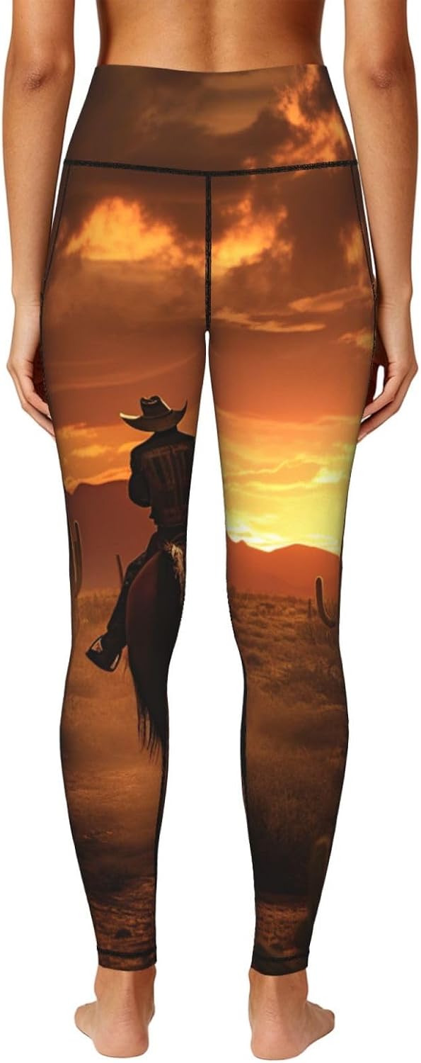 West Desert Cactus with Cowboys Riding Horses Print Leggings for Women,Workout Sets with Tummy Control,Gym Clothes for Women