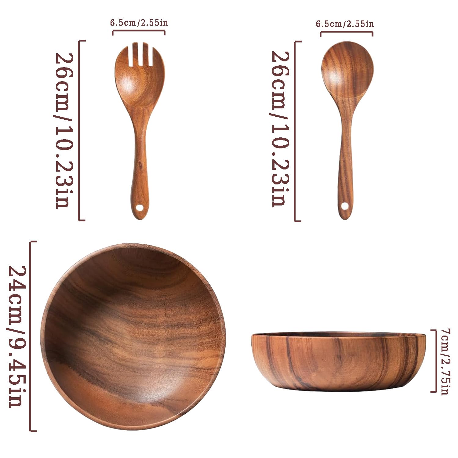 YXE Juego de cuencos de madera para ensalada, 24 x 7 cm, cuenco grande de madera de acacia con cuchara de ensalada y tenedor para mezclar frutas, cereales, pasta, pasta (juego de 3 cuencos grandes
