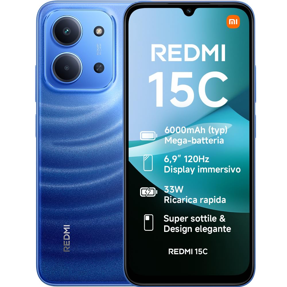 Xiaomi Redmi 15C, Smartphone 4+128GB, Display 6,9" 120Hz, 7,99mm, MediaTek Helio G81-Ultra, Dual camera da 50MP, Mega batteria da 6000mAh, Garanzia 2 anni, Blu, Caricabatterie non incluso