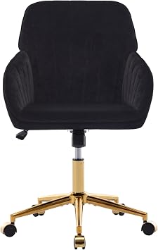 Black Swivel Desk Chair,Ergonomic Home Office Computer Rolling Chair,Velvet Upholstered Armchair for Makeup Vanity Room Living Room Bedroom Black