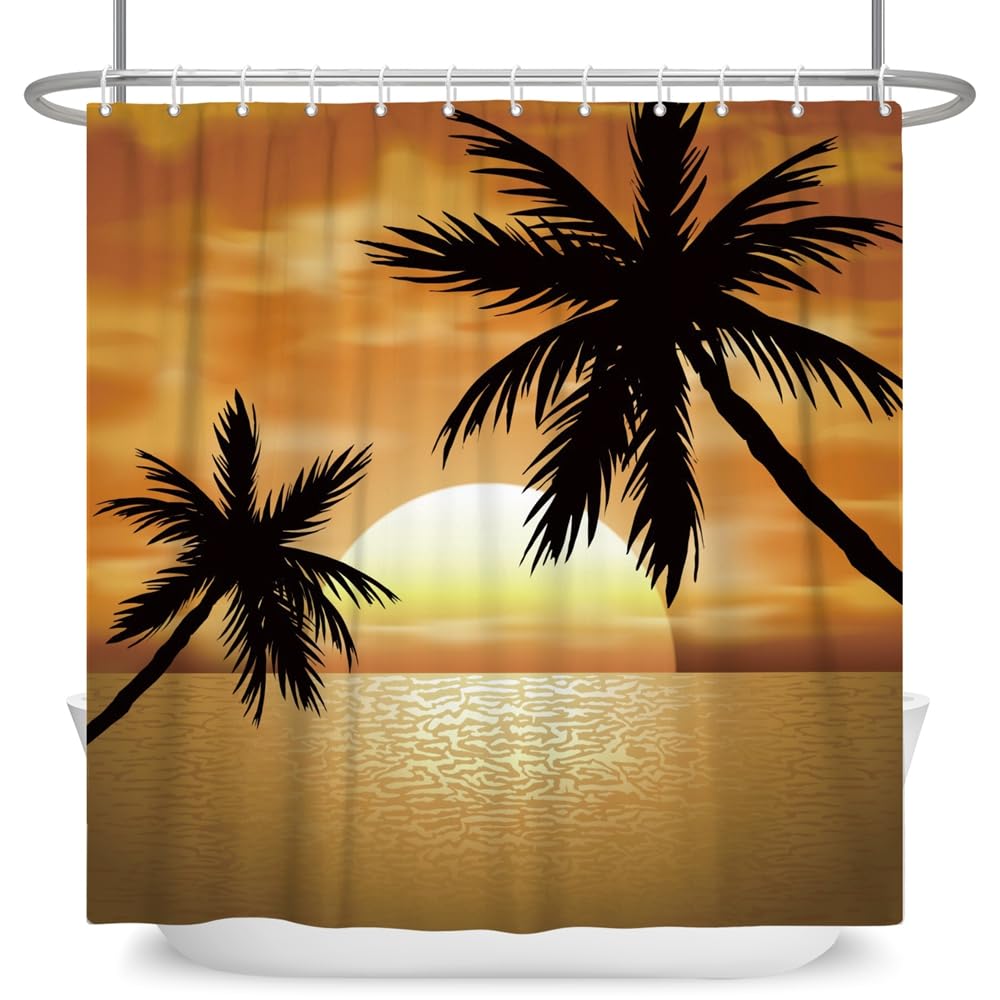 Duschvorhang 200x200 mit Tropischem Kokosnussbaum Print, 3D Badewannenvorhang mit Warmem Orange, Sonne, Strand, Polyestergewebe, Wasserdicht, mit Haken, Natur, Tropischer Hawaii Stil für Badezimmerd