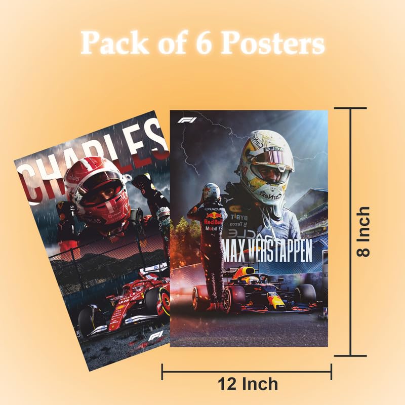 Image of POSTERONN Formula One F1 Wall Posters Pack of 6 A4 8x12 Inch | Premium Racing Car Prints | Motorsport Wall Art for Bedroom Living Room Office Gaming Room | Includes Glue Dots Decor