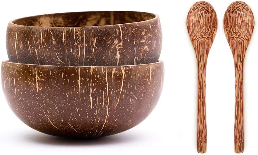 Rainforest Bowls 2 Eco-Friendly Original Coconut Bowls (Jumbo) w/ 2 Coconut Wood Spoons - 100% Natural, Organic Kitchen Set - Handcrafted from Reclaimed Coconut Shells + Offcuts