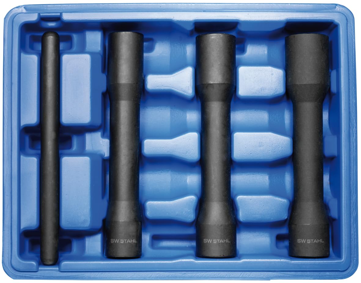 SW-Stahl 07890L Steckschlüsseleinsätze für Radschrauben, 1/2 Zoll, 4-teilig | Schlagschrauber Nüsse Set 17, 19, 21 mm mit Ausschlagbolzen, 150 mm Kraftnüsse für Alufelgen und Radwechsel am Auto