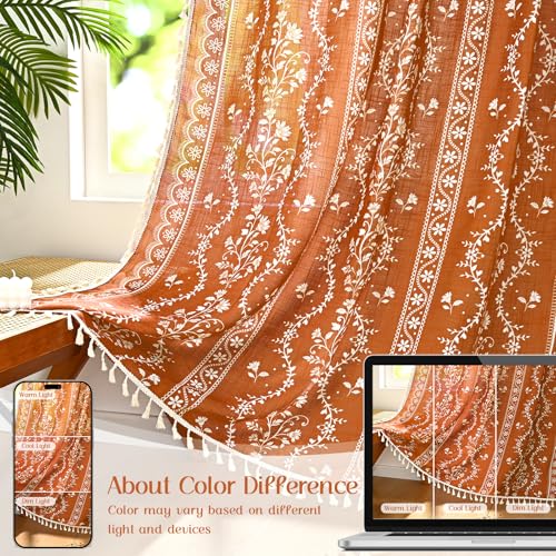 Image of Yinhua Boho Curtains for Living Room 63 Inch Length Vintage Linen Orange Curtains for Bedroom Light Filtering Floral Window Curtain Rod Pocket & Back Tabs Farmhouse Rustic Tassel Drapes with Tiebacks
