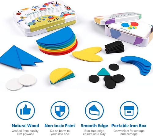 Miniatura 5 de Coogam - Juego de rompecabezas de madera con forma de Tangram, juego de apilamiento de clasificación de colores, rompecabezas de animales de madera,