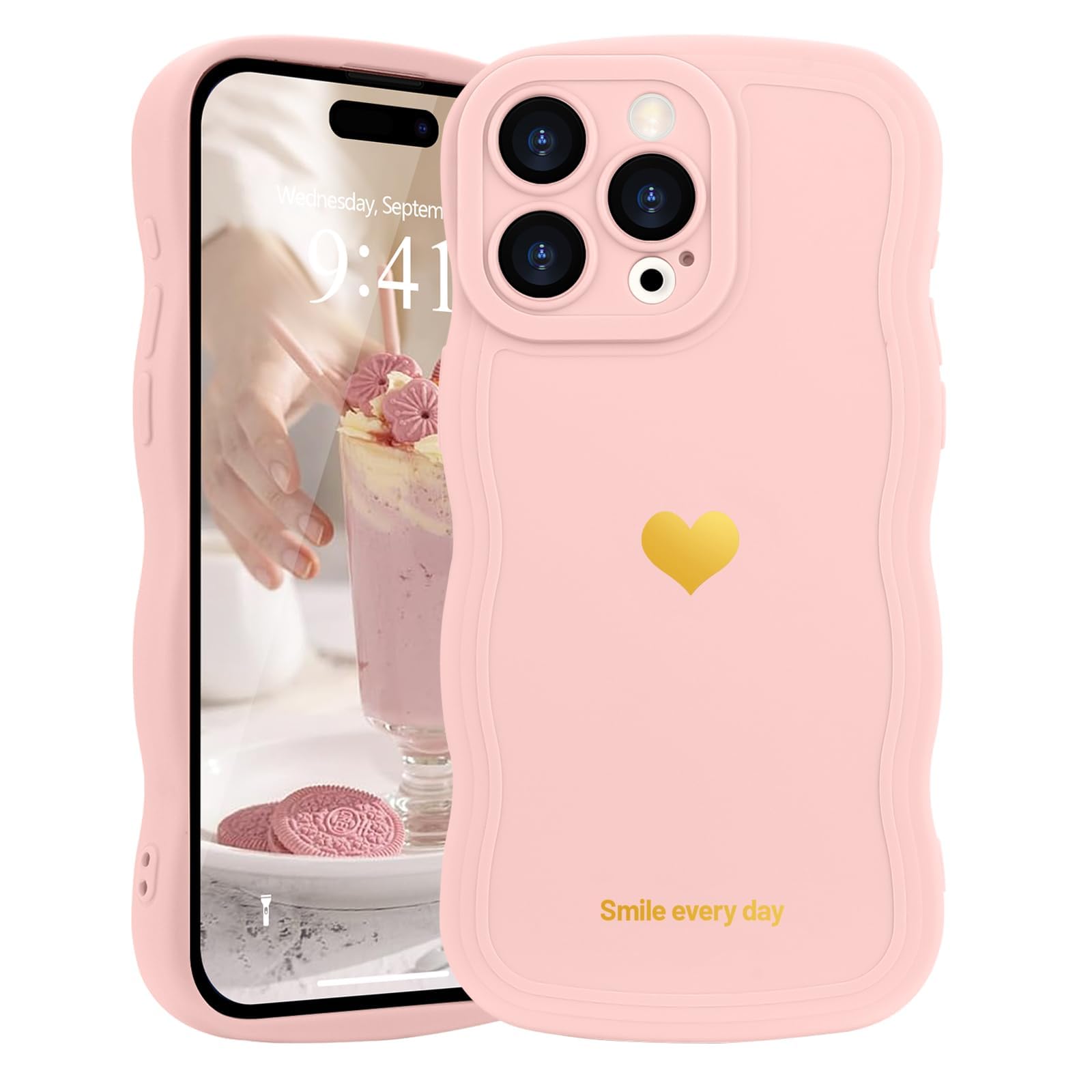 LAPOPNUT for iPhone 14 Pro Case,Cute Curly Wave Frame Love Heart Phone Case for Girls Women,Soft Silicone TPU Bumper Shockproof Camera Protective Cover for iPhone 14 Pro 6.1 inch,Pink