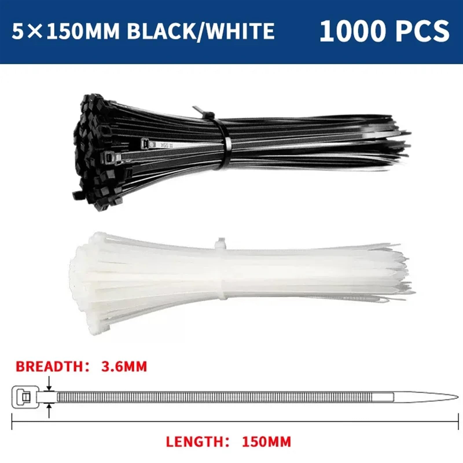 Bridas de nylon 1000 Uds. Cable de nailon autoblocante, juego bridas alambre plástico, for cables, sujetadores, Hardware(5x150mm)