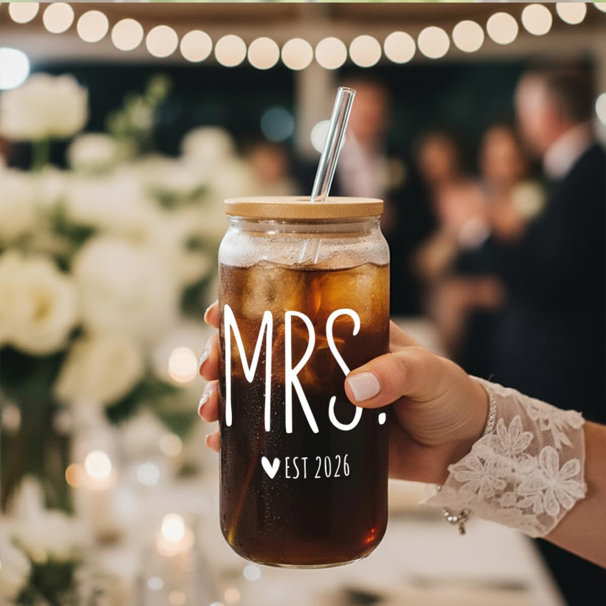 Mrs Cups,Est 2026 Wedding Engagement Gifts for Woman,Gifts for Anniversary,Bridal Shower,Cute Newly Wed Gift for Hers,16oz Glass Coffeee Cups with Lids and Straws Hostess Gift -69 - Image 4