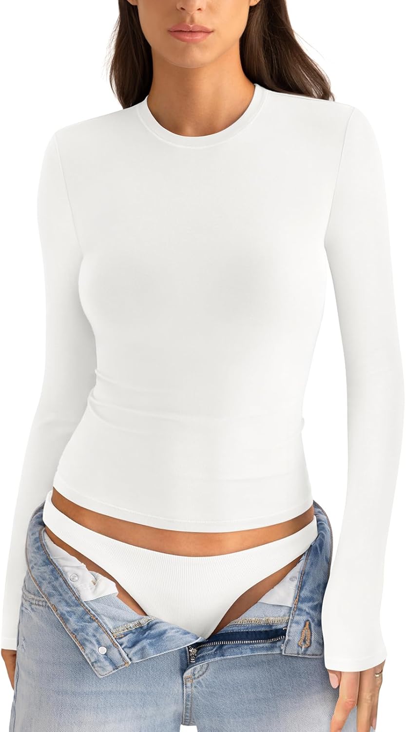 Womens Cotton Long Sleeve Shirts Crew Neck Fitted Basic Going Out Outfits Undershirt Spring Fall Clothes 2025