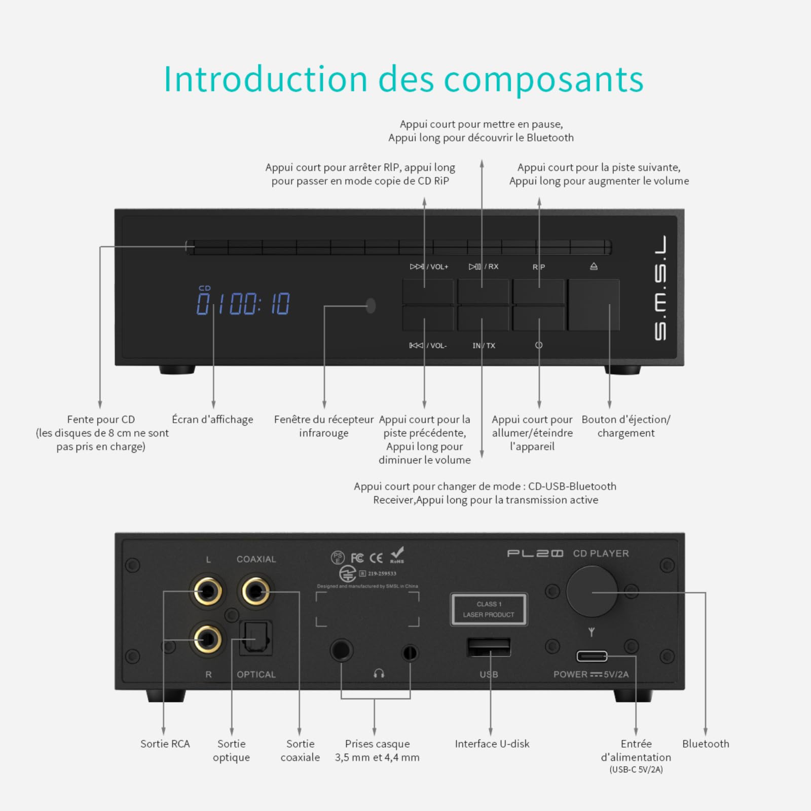 SMSL PL20 Lecteur CD HiFi pour la Maison, Lecteur CD Bluetooth, 2 puces CS43131, clé USB/entrée Bluetooth RCA/BT/3,5 mm/4,4 mm équilibrée/Optique/coaxiale, Argent