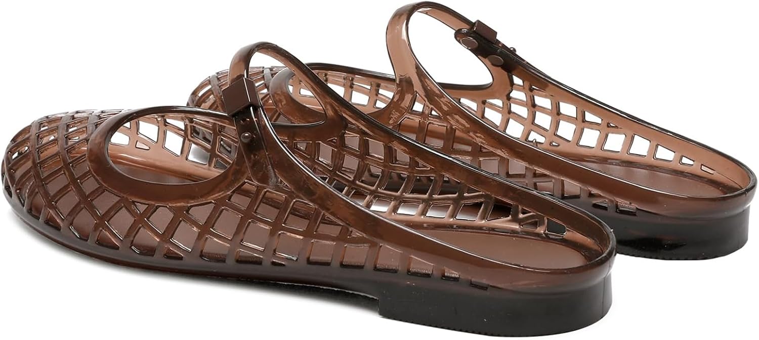 Women's Jelly Mesh Flat Slide Sandals with Adjustable Buckle Strap Fashion Closed Round Toe Comfort Breathable Slip On Mules for Summer Running Beach Travel Slippers Shoes