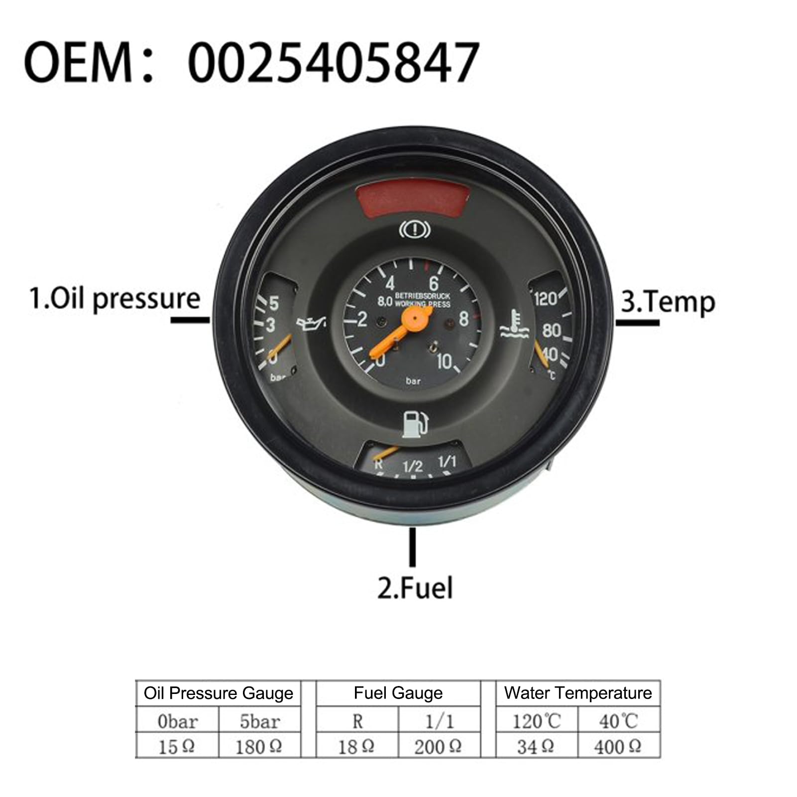 3-in-1-Wassertemperaturanzeige, Kraftstoffanzeige und Öldruckanzeige, passend für PKW, Motorräder und schwere LKW, ersetzt OE 0025405847, 5,91 Zoll Digitalanzeige, robuste