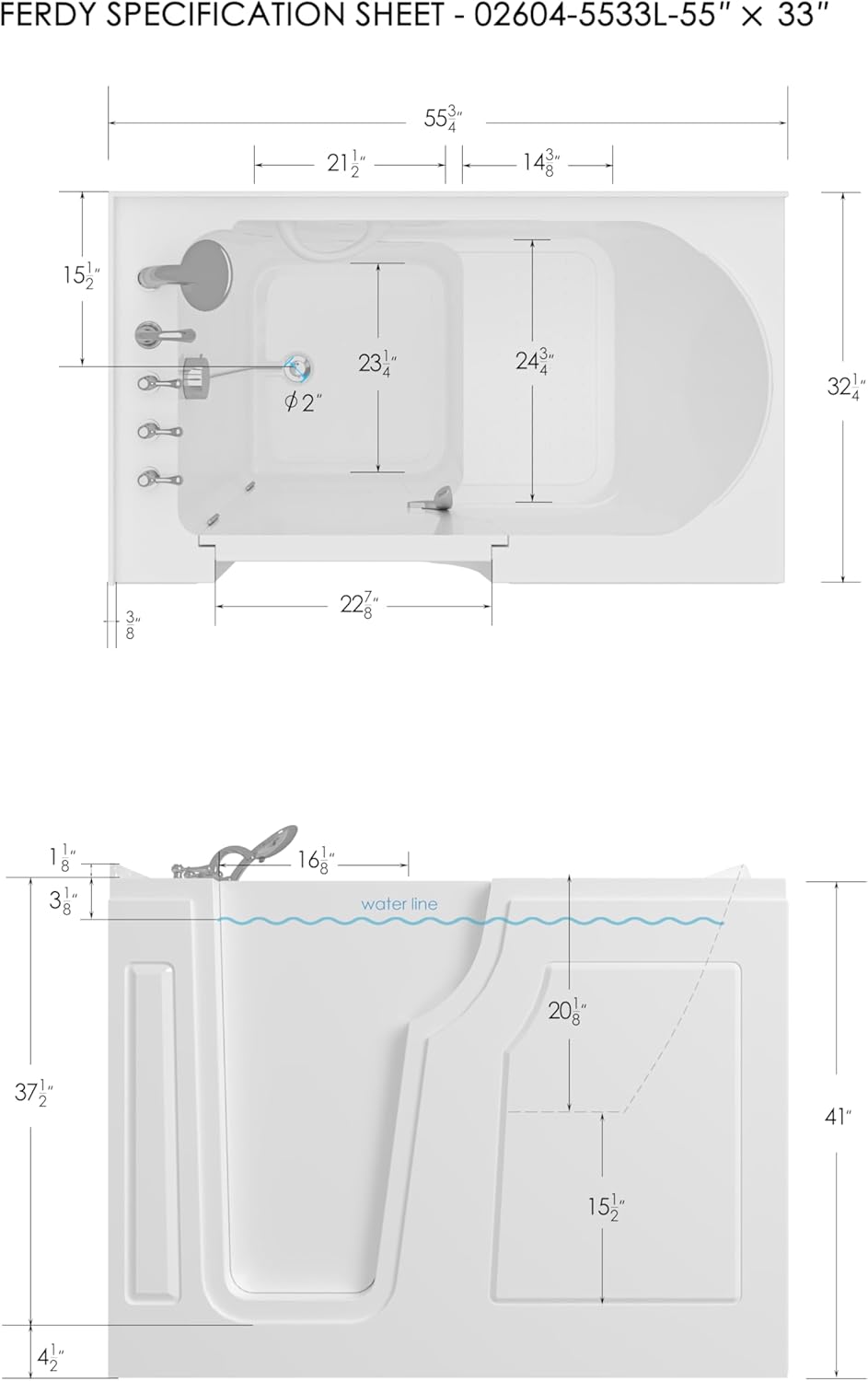 FerdY Floridian 55" x 33" Walk-in Bathtub with Left-Side Door Opening and Quick Fill and Drain System, Rectangular Soaking Bathtub in White