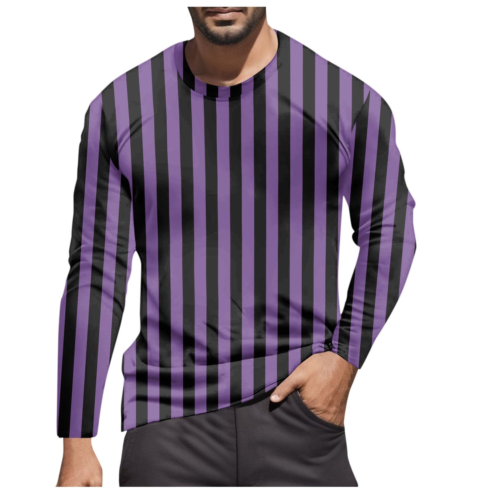 Striped Shirt Men Women Red White Long Sleeve T-Shirt Carnival Long Sleeve T-Shirt Horizontal Stripes Wide Stripes Fine Stripes Crew Neck Leisure Top Striped Shirt Fancy Dress Costumes, Purple-7, 3XL