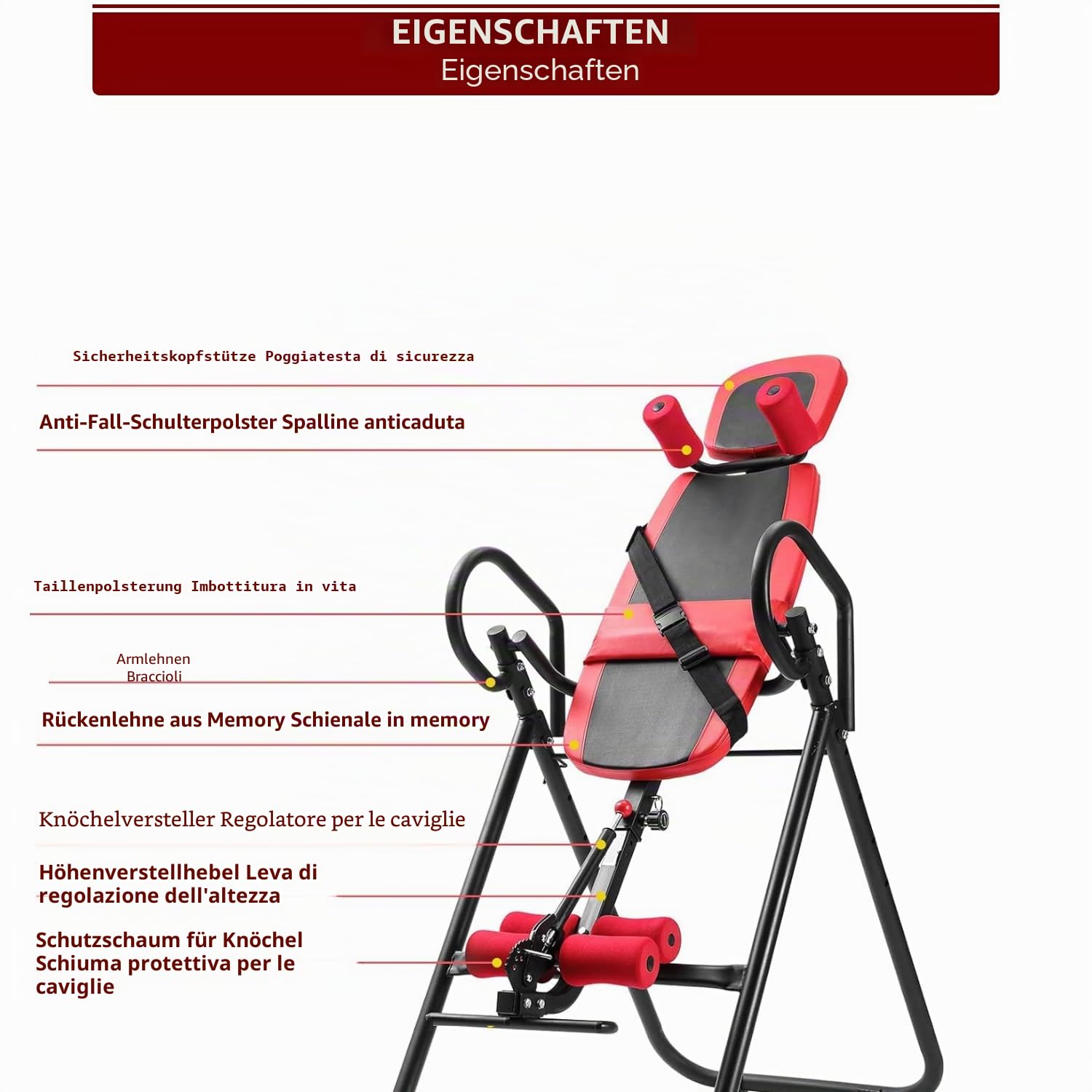Robuste Inversionsbank mit umgekehrter Kopfstütze mit verstellbarer Höhe und 4 Neigungswinkel