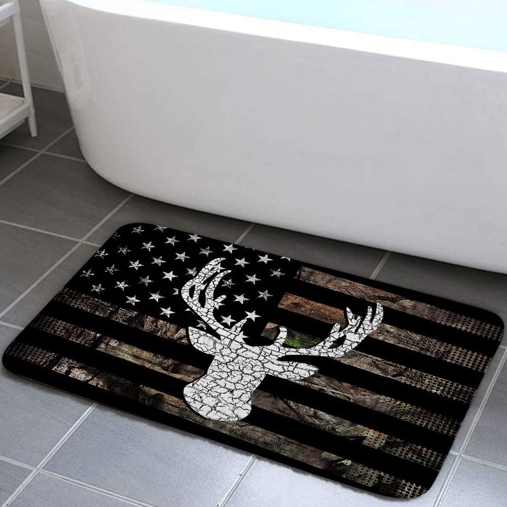 VEIGIKE American Flag Hunting Bath Mat for Bathroom, Western Black and White Country Deer Floor Rugs Mats Non Slip Bathroom Rustic Camo Decor