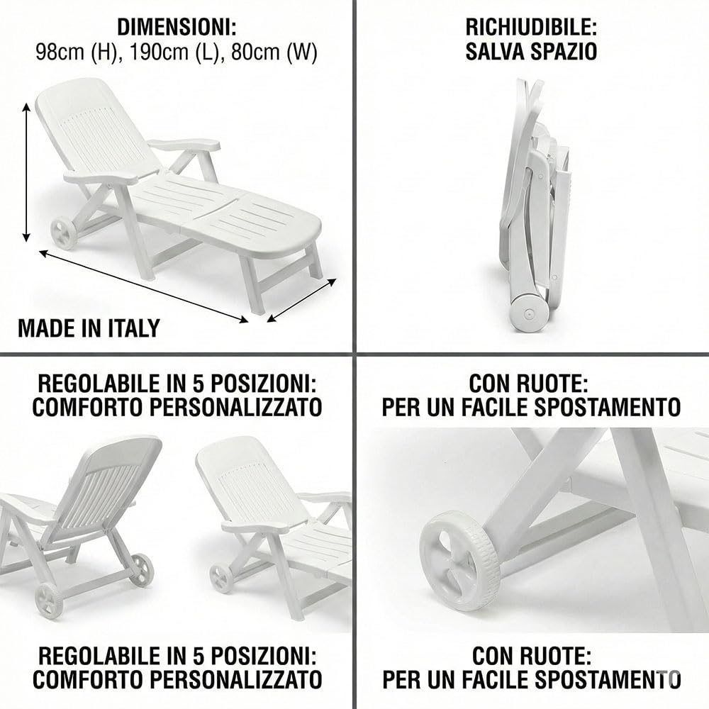 Set di 2 Lettino predisole bianco con ruote Reclinabile 5 posizioni pieghevole S-CAB California Made in Italy Sdraio regolabile