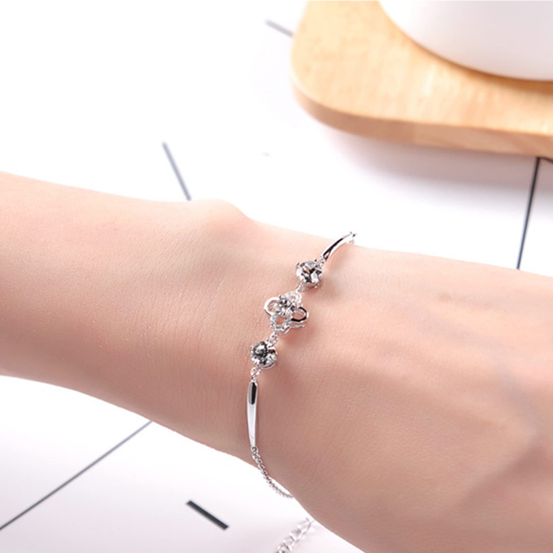 Frauen Mädchen Armband 925, einfache, Aber Elegante, glückliche Vier-Blatt-Klee-Armreifen, einstellbare Handverbindung, Kettenerweiterung