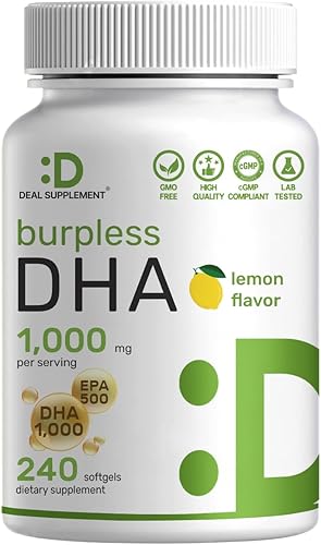 Suplementos de DHA | 240 cápsulas blandas, sin erupciones, sabor a limón, DHA 1000 mg + EPA 500 mg, pescado capturado en la naturaleza, rico en