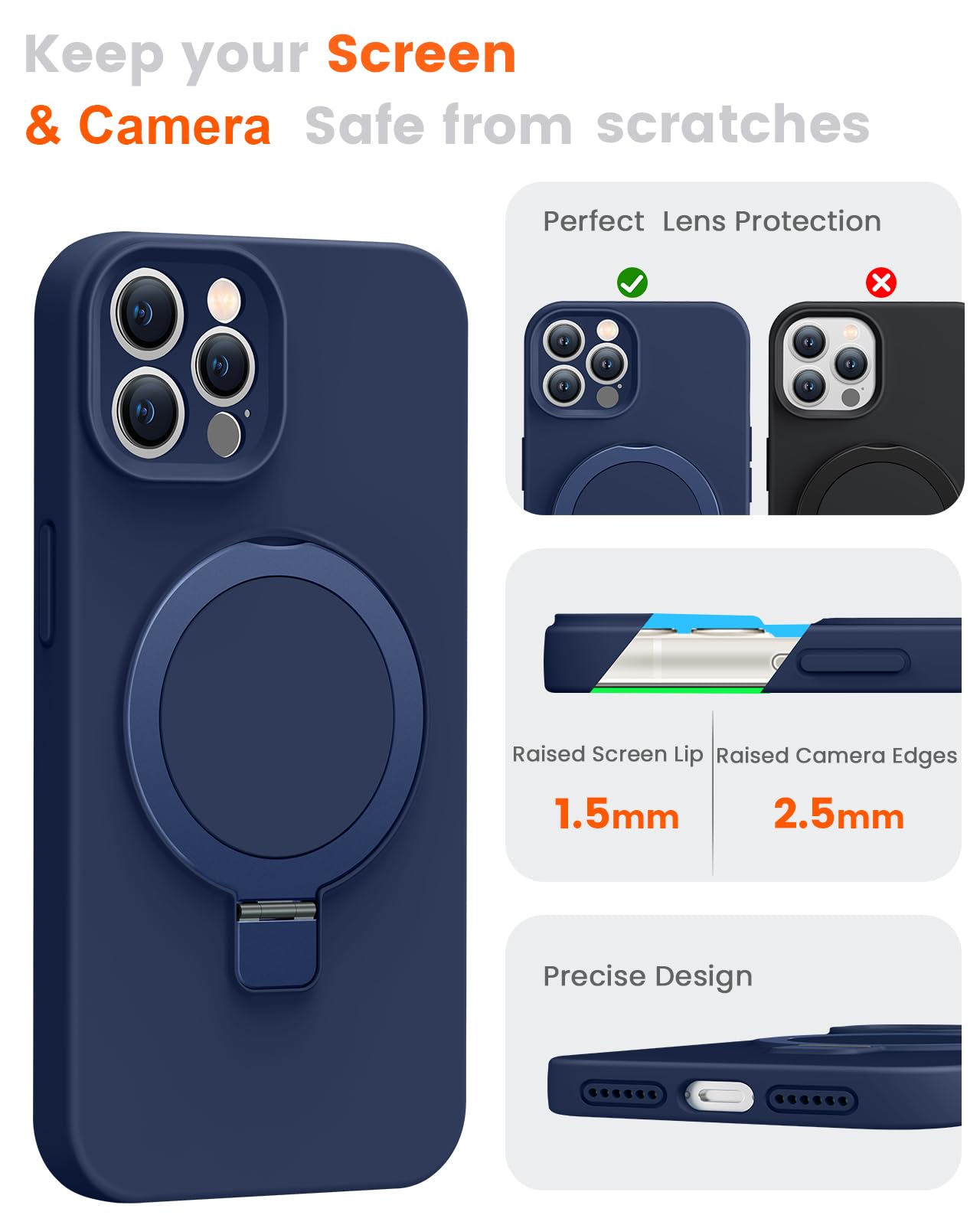 Funda de silicona líquida para iPhone 13 Pro MAX con soporte de anillo magnético, protección mejorada de lente de cámara, a prueba de caídas de grado militar, funda de silicona con forro de