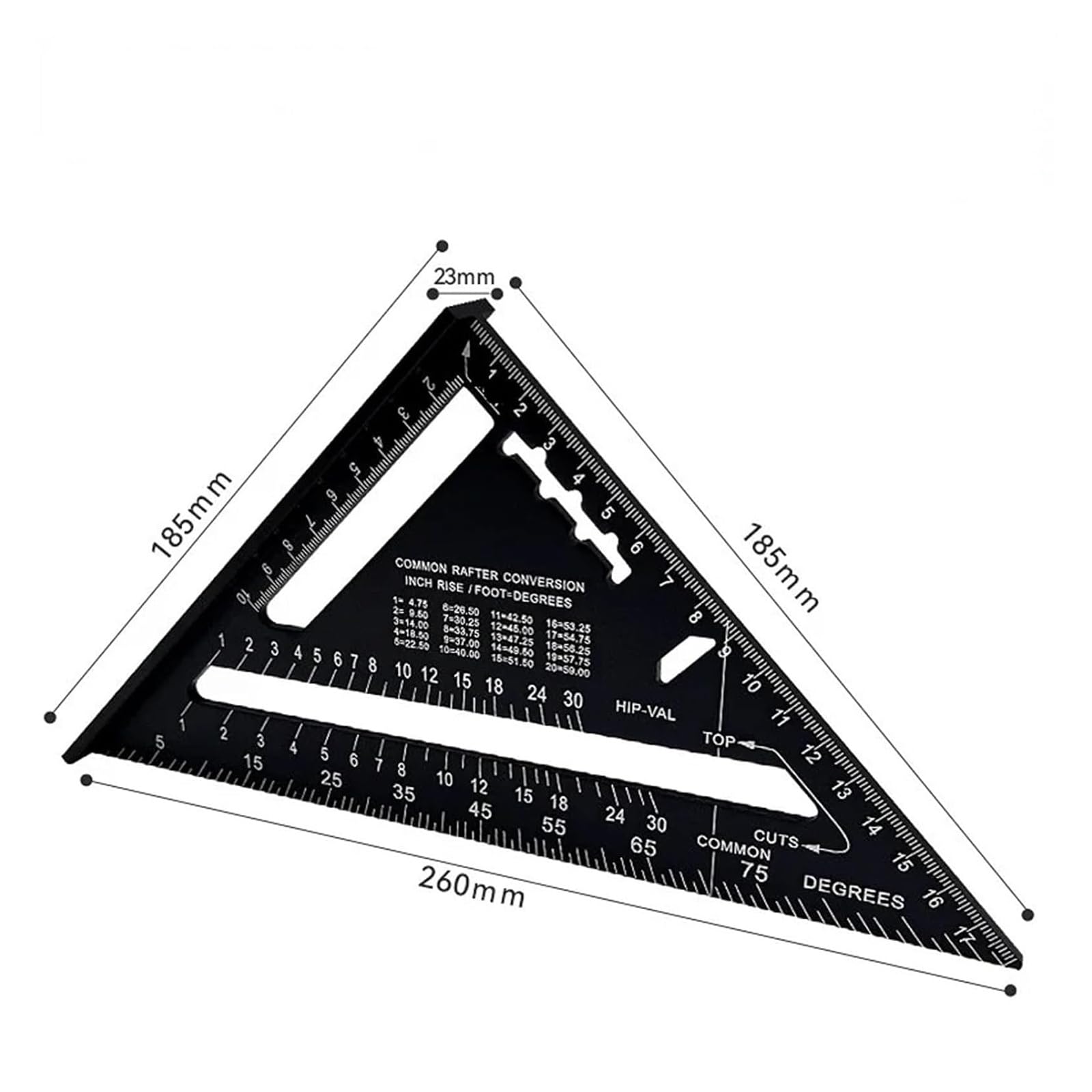 Precyzyjna rządka trójkątna, Trójkątne narzędzie stolarskie ze stopu aluminium, kwadratowe, 7-calowe, metryczne, calowe, kątowe, wielokolorowe(Black Metric System)