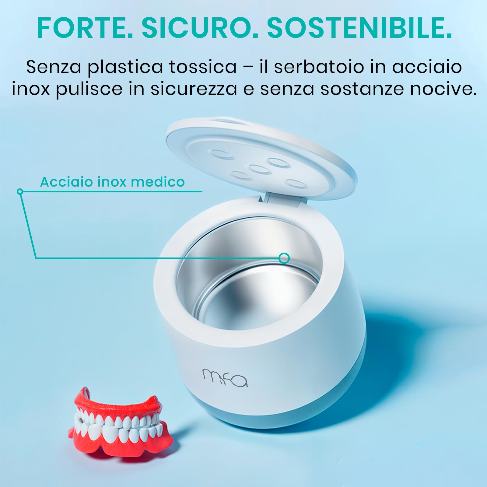mfa® | Pulitore a ultrasuoni per protesi dentarie, apparecchi ortodontici, bite, retainer, aligner, dentiere, dispositivi occlusali, gioielli | Ultrasonic Dental Cleaner