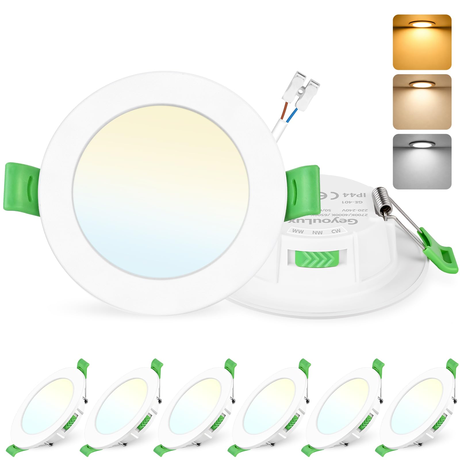 GeyouLux Faretti LED da Incasso per Cartongesso, 8W IP44 Dimmerabile 10-100% Faretti LED Soffitto, 2700K/4000K/6500K Dimensioni del foro 75-90 mm Faretto LED Interno Set di 6 Bianco