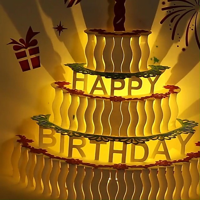 Biglietto Di Auguri Compleanno 3D Con Torta Luminosa E Canzone - Per Donne, Uomini, Bambini, Con Busta Inclusa - Foto 2