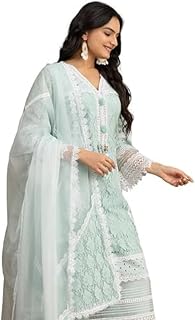 VARAMYA Lace Pattern Straight Pakistani Embroidered Cotton Kurta Pant Dress Material with Dupatta Trendy Kurti Set for Wom... Price In India
