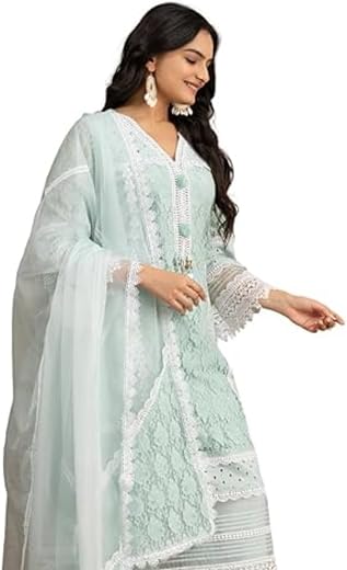 VARAMYA Lace Pattern Straight Pakistani Embroidered Cotton Kurta Pant Dress Material with Dupatta Trendy Kurti Set for Wom...