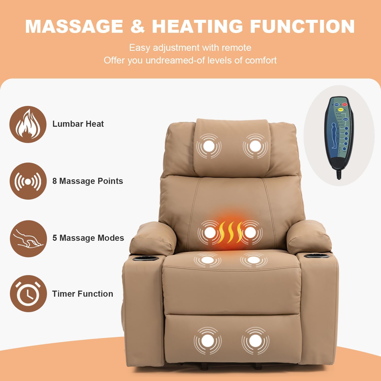 Power Lift Recliner Sofa Chair, Electric Stand Assit for Elderly People, Faux Leather Reclining Chair with Cup Holders, Massage & Heat Functions, Living Room or Bedroom Furniture for Resting, Brown