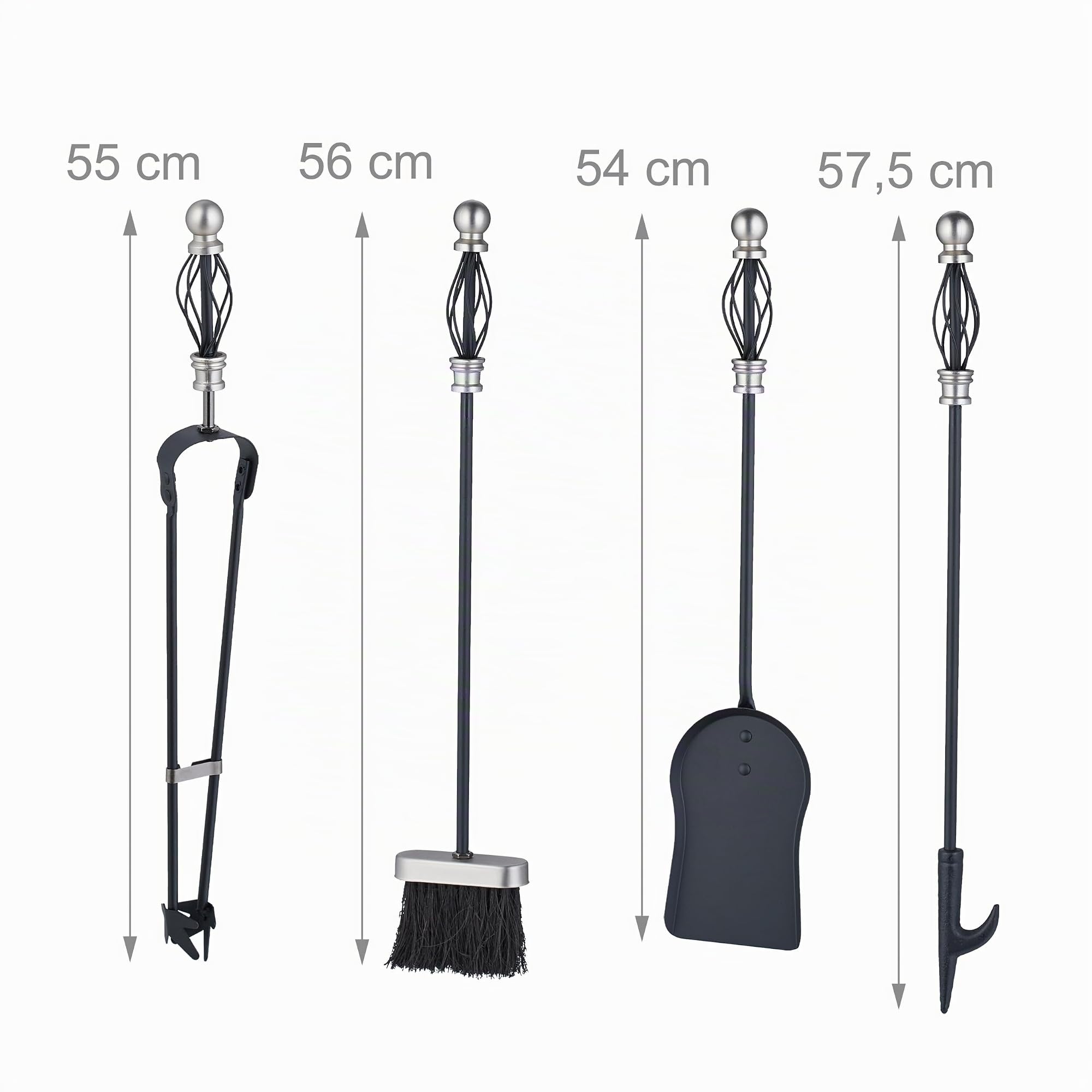 Relaxdays Accesorios Chimenea 5 Piezas, Set de Estufa con Atizador, Pinzas, Escoba, Pala y Soporte, Hierro, Negro/Plata