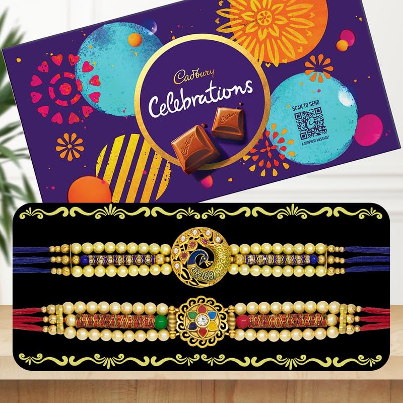 Image of Canton Rakhi Combo Gift Hamper Pack of 2 Rakhi For Brother With Chocolate, Rakhi With Cadbury, Greeting Card & Roli Tilak (Design-1, 2 Rakhi With Celebration)