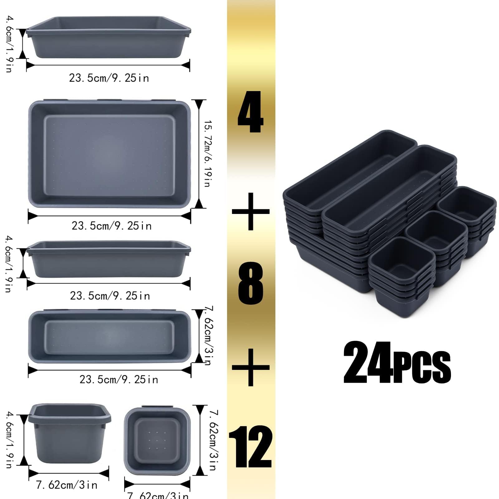 Organizer per Cassetti Cucina Bagno Divisori Cassetti 24 Pcs Organizzatore per Organizzazione Scrivania Contenitori per Trucchi in Plastica con 40 Cuscinetti in Silicone Antiscivolo (Nero)