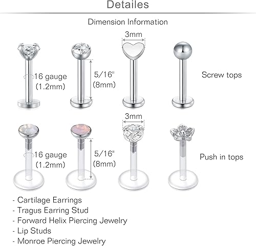 Miniatura 4 de MODRSA 20g 16g Cartilage Earrings for Women Silver Gold Helix Piercing Jewelry Surgical Steel Hypoallergenic Flat Back Earrings Cartilage Hoop for