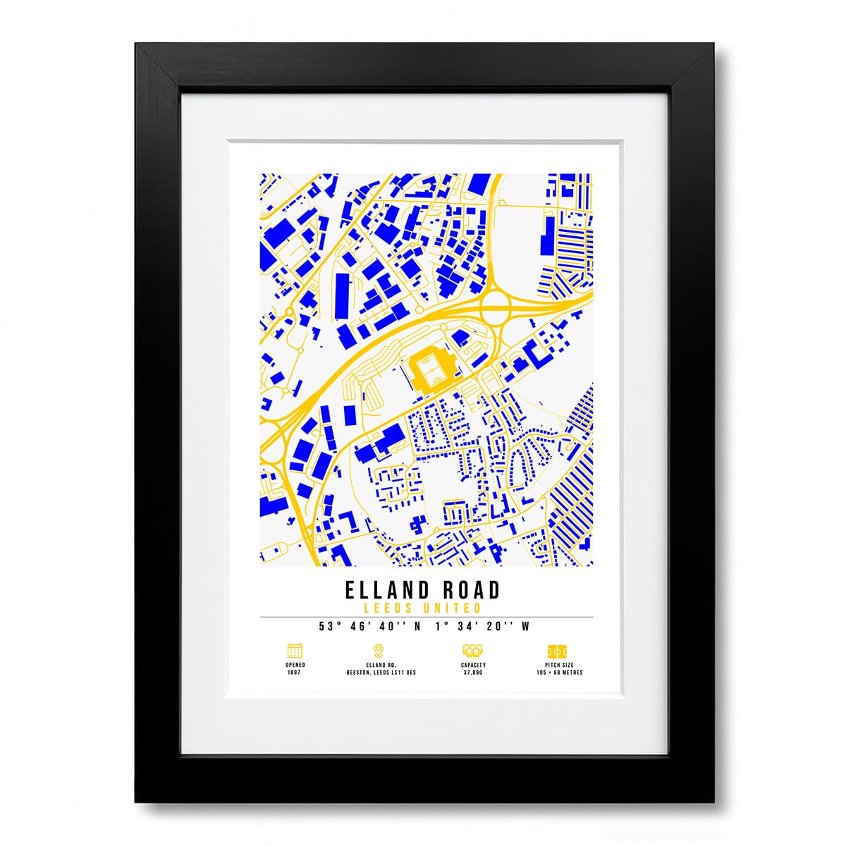 Elland Road Stadium Map Minimalist A4/A3 Poster Photo Print Framed Gift Leeds United (A4 Black Framed & Mounted)