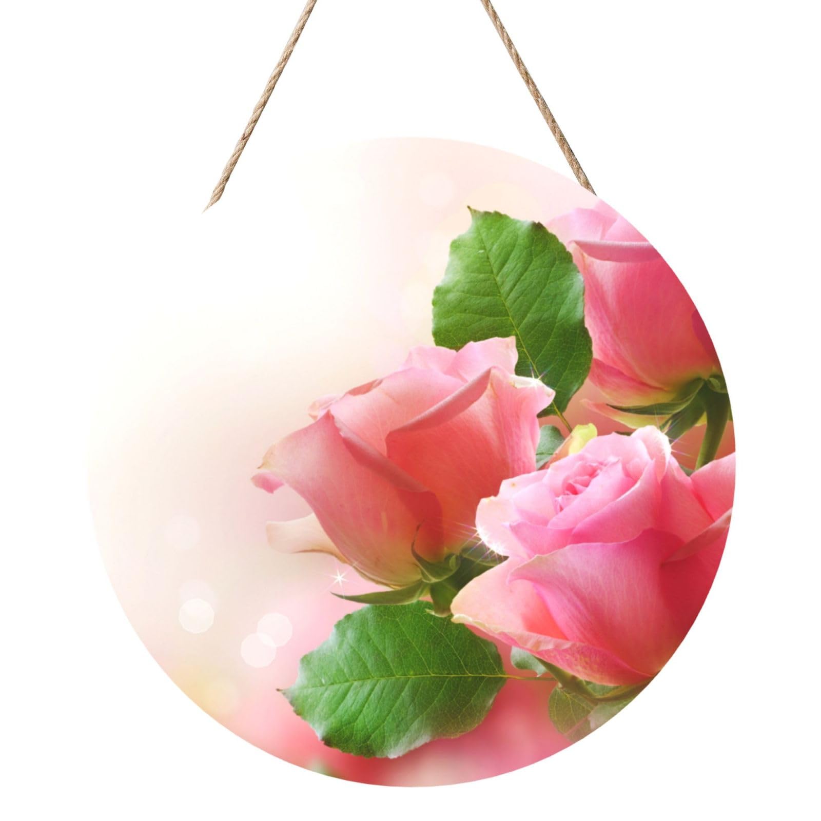 InOmak Beautiful Pink Roses, Round Wood Panel Painting 12 in, Wall Hanging Painting For Home