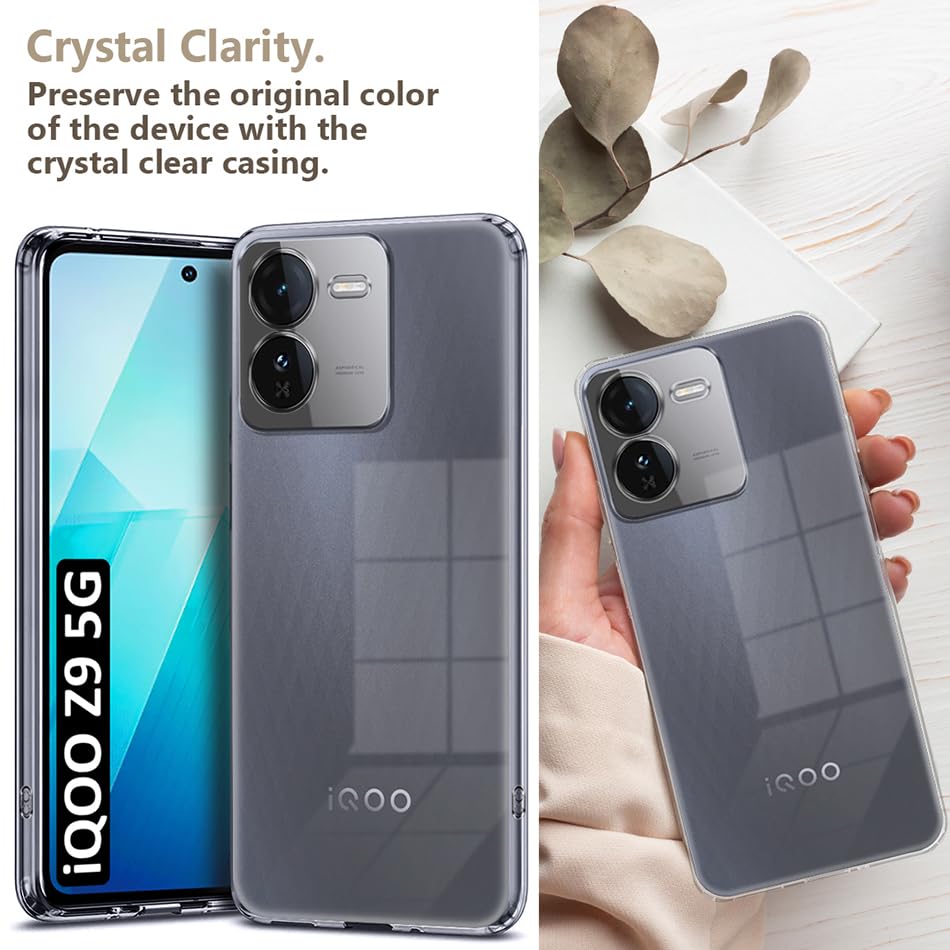 Image of Fashionury Crystal Clear Case for iQOO Z9 5G | Yellowing Resistance | Transparent TPU Silicone | Raised Camera Lips | Slim Transparent Cover