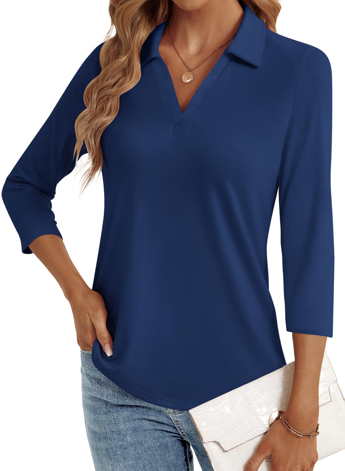 3/4 Length Sleeve Womens Tops Dressy Casual V Neck Polo Shirts Business Work Blouses 2025 Trendy Tunic Top